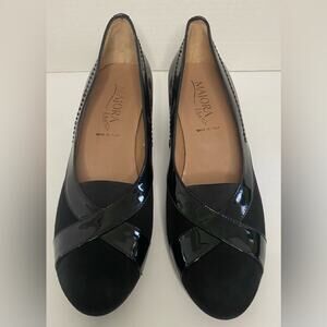 Italian designer wedge black suede with Patent detail and elastic in the front